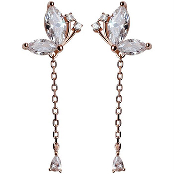 Sweet Cubic Zirconia Butterfly Tassels 925 Sterling Silver Dangling Earrings