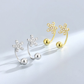 Girl CZ Flowers Beads Barbell 925 Sterling Silver Screw Stud Earrings