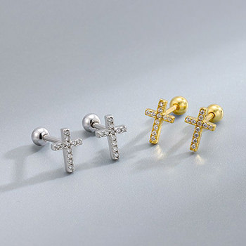 Fashion CZ Cross 925 Sterling Silver Screw Stud Earrings