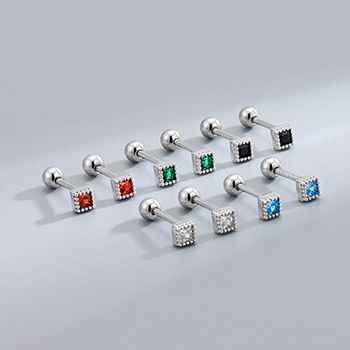 Cute Mini Beads Border Square CZ 925 Sterling Silver Stud Earrings