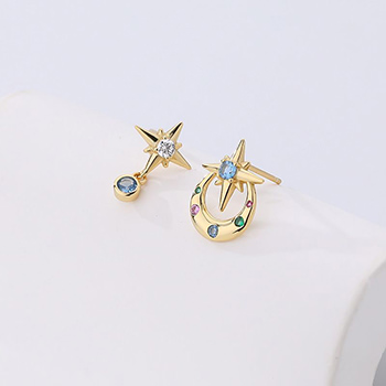 Asymmetry Colorful CZ Crescent Moon Eight Awn Star Silver Stud Earrings