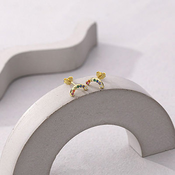 Mini Colorful CZ Smile Arc Crescent Moon 925 Sterling Silver Stud Earrings