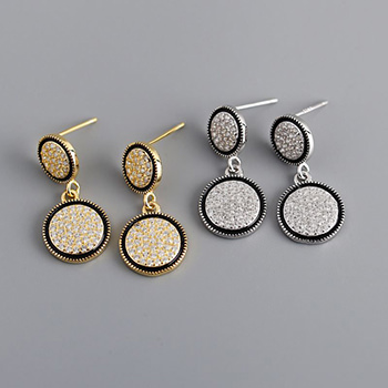 Geometry Double Round CZ 925 Sterling Silver Dangling Earrings