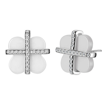 Four Leaf Clover Ceramic CZ Cross 925 Sterling Silver Stud Earrings