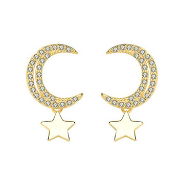 Cubic Zirconia Crescent Moon Stars 925 Sterling Silver Stud Earrings