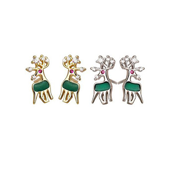 Green Christmas Deer Elk Cubic Zirconia 925 Sterling Silver Stud Earrings