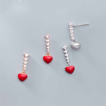 Girl Red Heart Love Cubic Zirconia 925 Sterling Silver Dangling Earrings