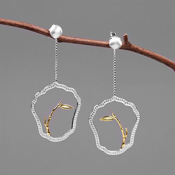 Gold Tree Branch Cubic Zirconia 925 Sterling Silver Dangling Earrings