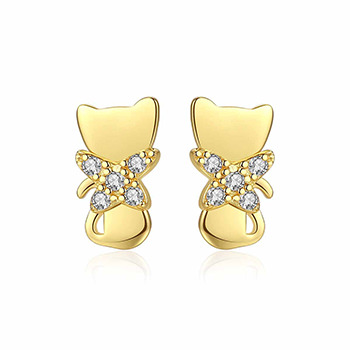 Cute Cubic Zirconia Bowknot Cat 925 Sterling Silver Stud Earrings