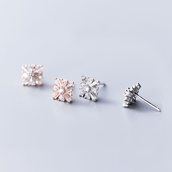 Cubic Zirconia Square Flowers 925 Sterling Silver Stud Earrings