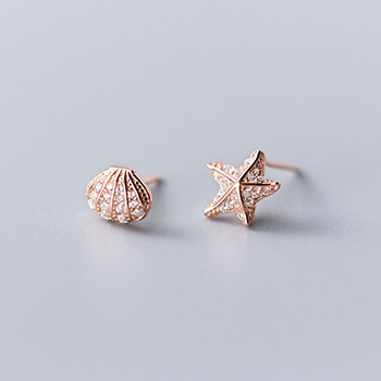 Asymmetric Cubic Zirconia Starfish Shell 925 Sterling Silver Stud Earrings