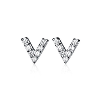 Fashion Letter V 925 Sterling Silver Stud Cubic Zirconia Earrings