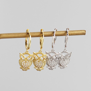 Animal Cubic Zirconia Owl 925 Sterling Silver Hoop Earrings