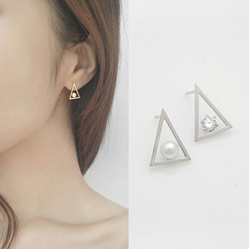 Triangle Cubic Zirconia Natural Pearl 925 Silver Stud Asymmetry Earrings