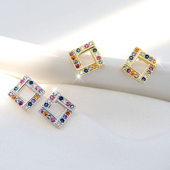 Colorful CZ Square Hollow Geometry 925 Sterling Silver Stud Earrings