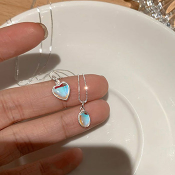 Colorful Heart Oval Moonstone 925 Sterling Silver Necklace