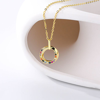 Women Colorful CZ Round Circle 925 Sterling Silver Necklace