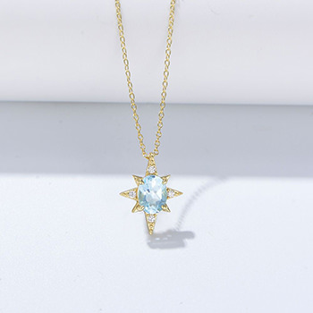 Gift Blue Oval Natural Topaz The Eightfold Star 925 Sterling Silver Necklace