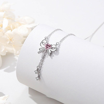 Sweet Pink CZ Bowknot Tassels Girl 999 Sterling Silver Necklace