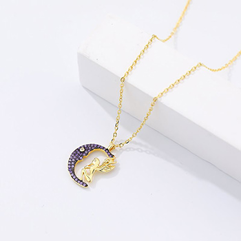 Party Purple CZ Crescent Moon Angel 925 Sterling Silver Necklace