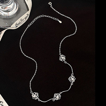 Women Hollow CZ Rose Flowers 925 Sterling Silver Necklace