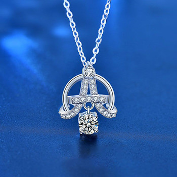 Modern Moissanite CZ Eiffel Tower 925 Sterling Silver Necklace