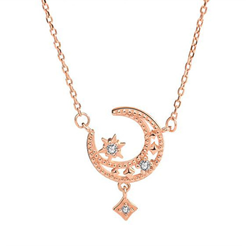 Girl CZ Crescent Moon Stars 925 Sterling Silver Necklace