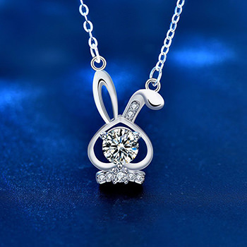 Cute Moissanite CZ Bunny Ear Rabbit 925 Sterling Silver Necklace