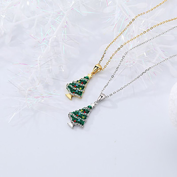 Holiday Gift Colorful CZ Green Christmas Tree 925 Sterling Silver Necklace