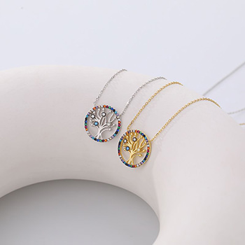 Colorful CZ  Hollow Life Tree Round 925 Sterling Silver Necklace