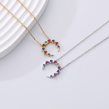 Masculine Colorful CZ Crescent Moon 925 Sterling Silver Necklace