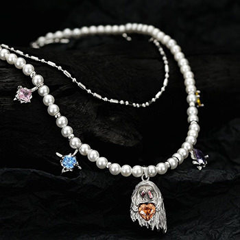 Halloween CZ Ghost Shell Pearls 925 Sterling Silver Double Layers Necklace