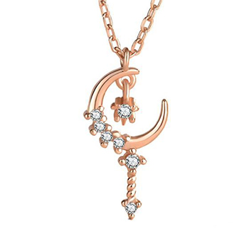 CZ Crescent Moon Fairy Wand 925 Sterling Silver Necklace