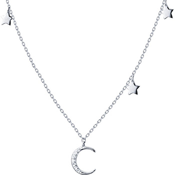 CZ Crescent Moon Stars 925 Sterling Silver Necklace