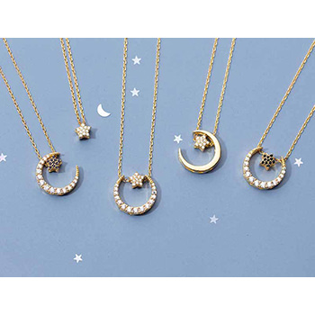 Sweet CZ Crescent Moon Star 925 Sterling Silver Necklace