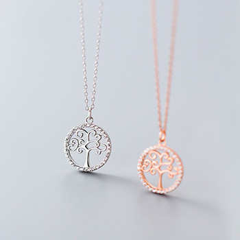 Unique Round Hollow Tree CZ 925 Sterling Silver Necklace