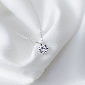 Simple Round CZ Solid 925 Sterling Silver Necklace For Women