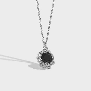 Lady Black CZ Bubble Flower 925 Sterling Silver Necklace