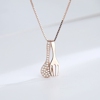 Cute Mini CZ Spoon Fork 925 Sterling Silver Necklace