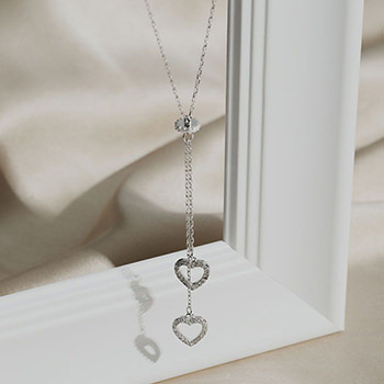 Anniversary Double CZ Heart Tassels 925 Sterling Silver Necklace