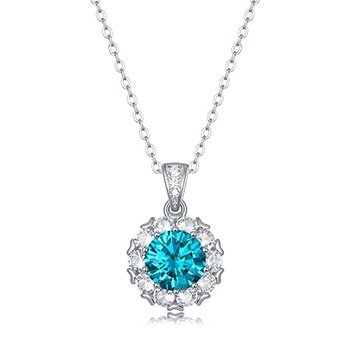 Elegant Blue Moissanite CZ Heart Border 925 Sterling Silver Necklace