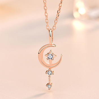 CZ Crescent Moon Magic Wand 925 Sterling Silver Necklace