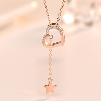 Sweet CZ Hollow Heart Star Tassels 925 Sterling Silver Necklace