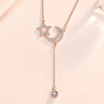 Friend CZ Hollow Crescent Moon Star Tassels 925 Sterling Silver Necklace