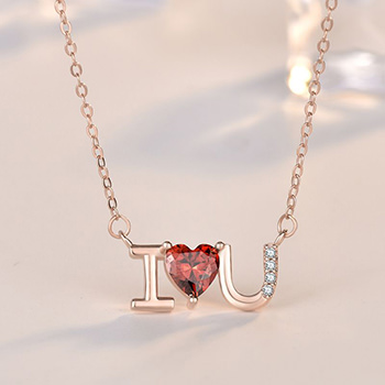 Wedding Red CZ I Love You Letters 925 Sterling Silver Necklace