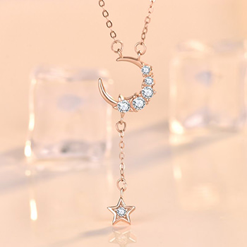 Sweet CZ Crescent Moon Star Tassels 925 Sterling Silver Necklace