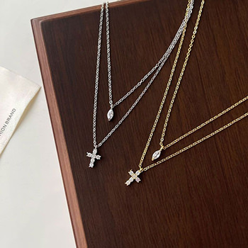 Double Layers Oval CZ Cross Curb Chain 925 Sterling Silver Necklace