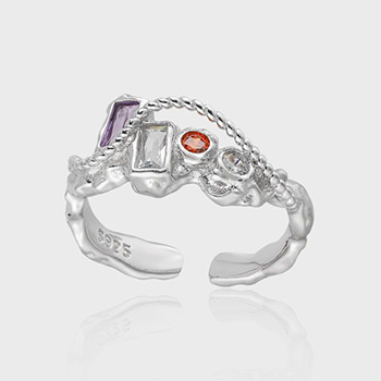 Double Layers Geometry CZ Twisted Chain Sterling Silver Adjustable Ring