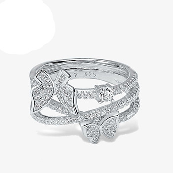 CZ Butterfly Triple Layers Cross 925 Sterling Silver Ring