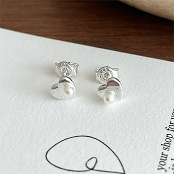 Cute Mini Round Shell Pearls Heart 925 Sterling Silver Stud Earrings